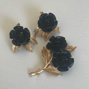 Double Black Rose Brooch and clip on Earrings